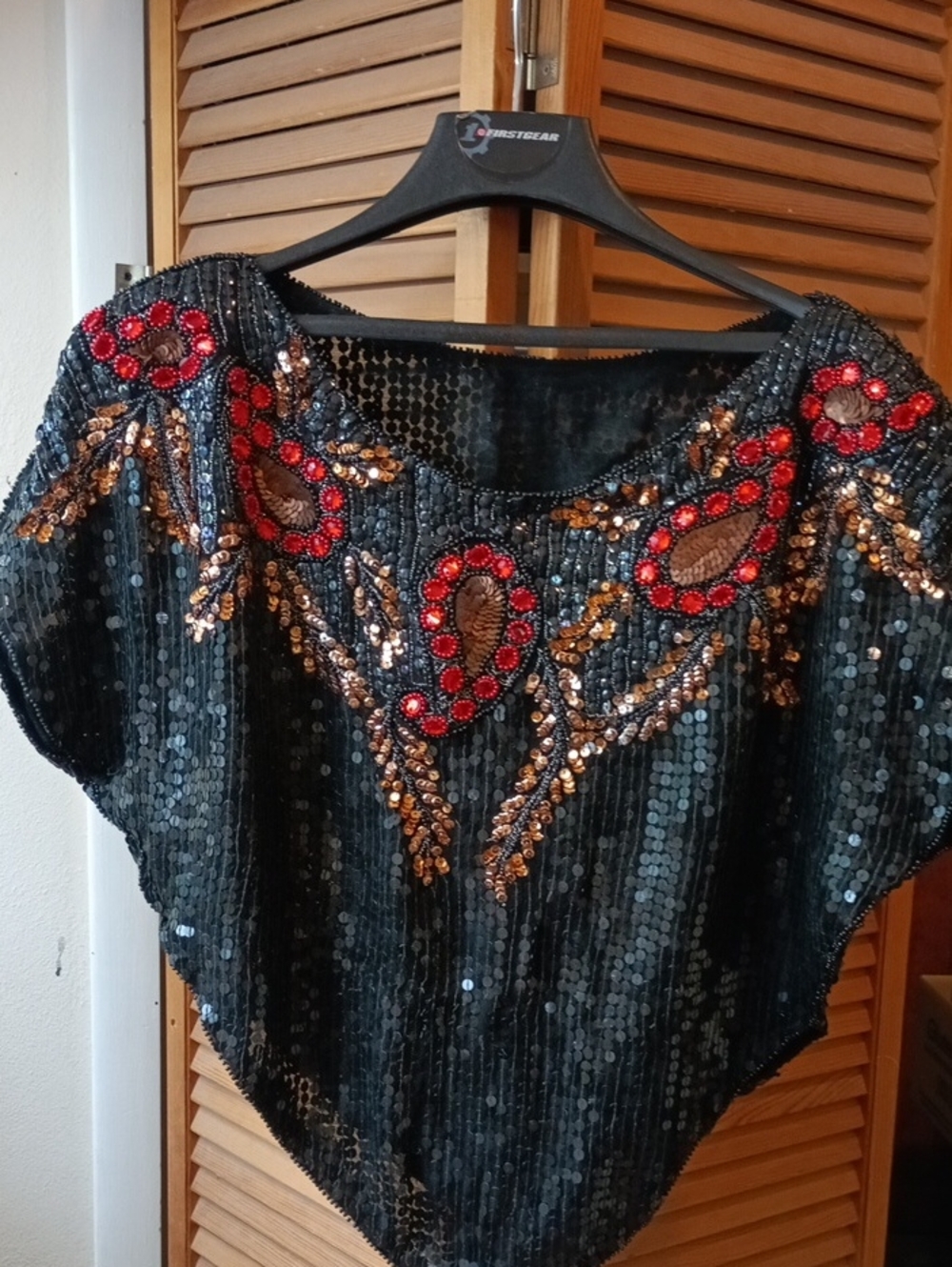 Sequin Embellished Black Top with Red & Gold Accents Women's size Large
